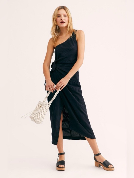 Free People Dresses & Skirts - Free People Black Endless Summer One Shoulder Wrap Midi Dress, Size Large